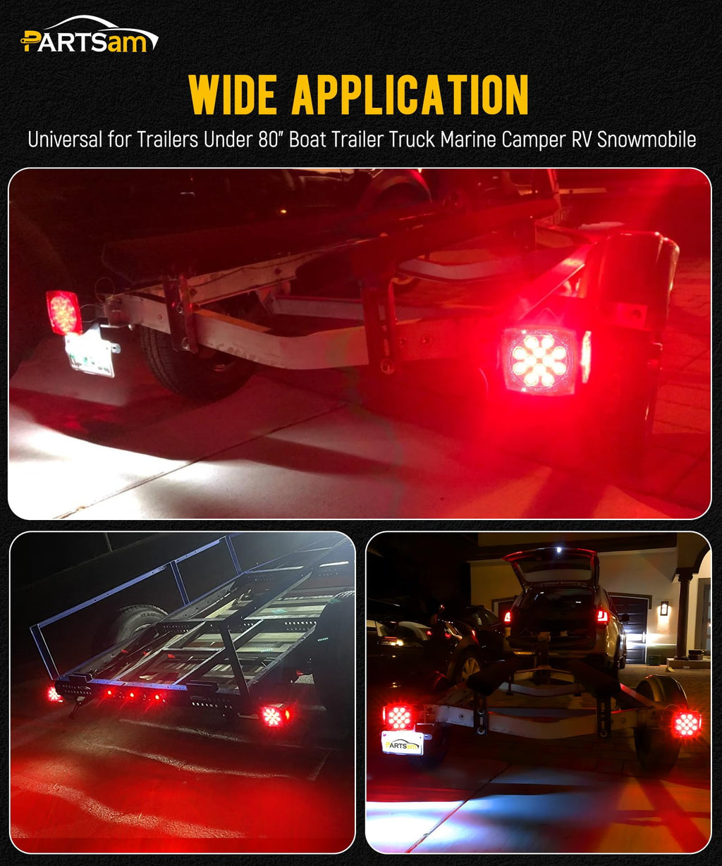 Partsam 12V Submersible Square Led Trailer Light,Red White LED Stop Turn Tail License Brake Running Light Lamp for Trailers Under 80" Boat Trailer Truck Marine Camper RV Snowmobile,IP68,DOT Compliant