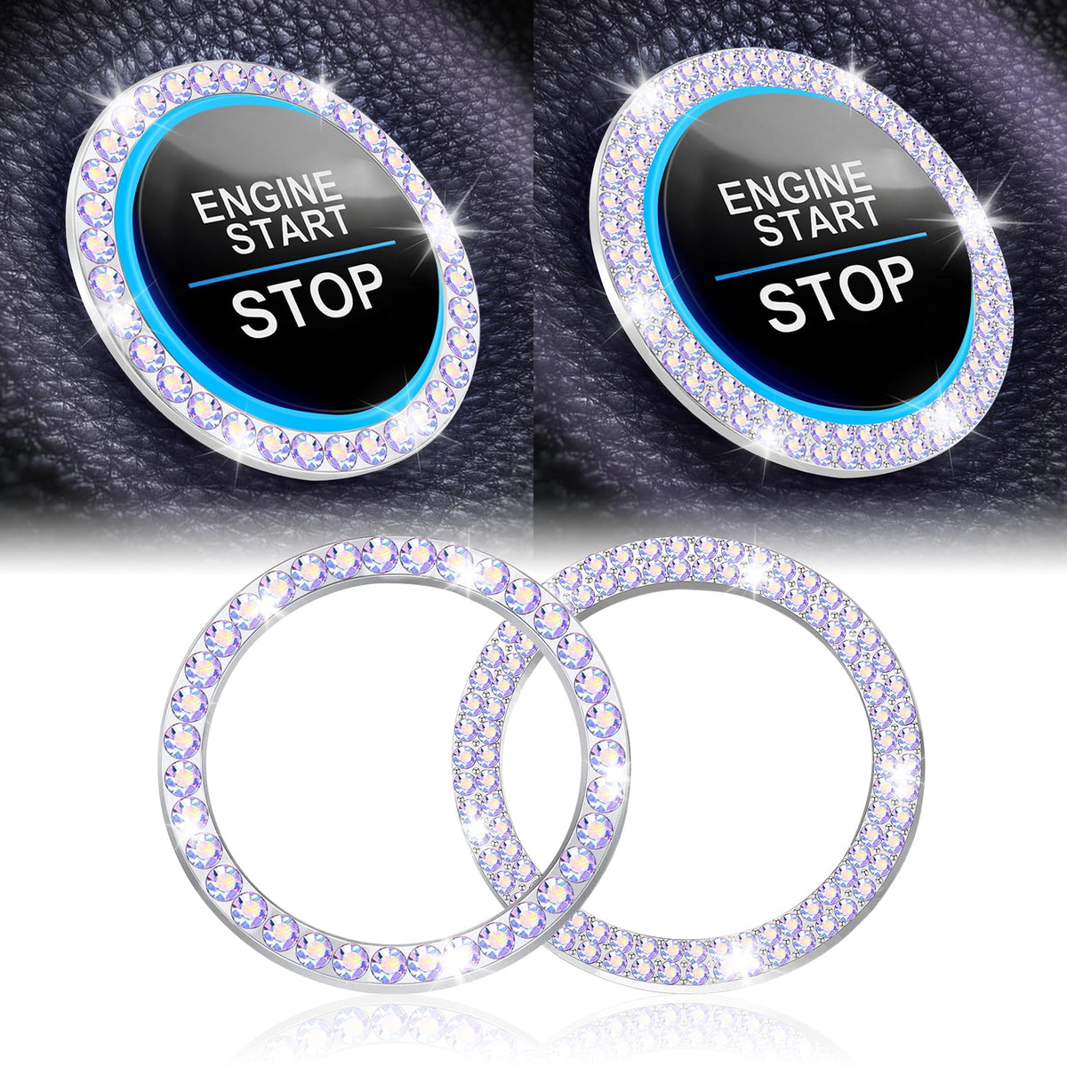 LivTee 2 PCS Crystal Double Rhinestone Car Engine Start Stop Decoration Ring, Bling Car Interior Accessories for Women, Push to Start Button Cover Sticker, Automotive Decals, White