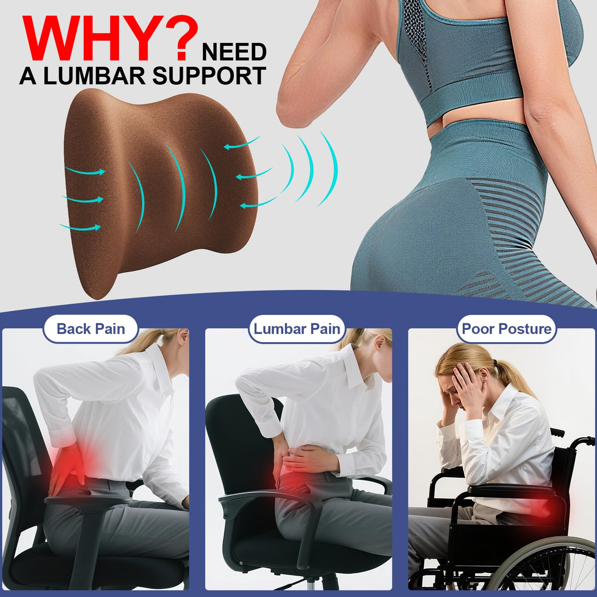 BYMECOST Lumbar Support Pillow for Car, Memory Foam Car Back Cushion