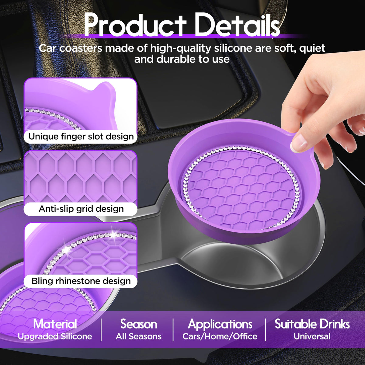 Amooca 2-Pack Car Cup Coaster Silicone Spill-Proof Cup Holder Inserts