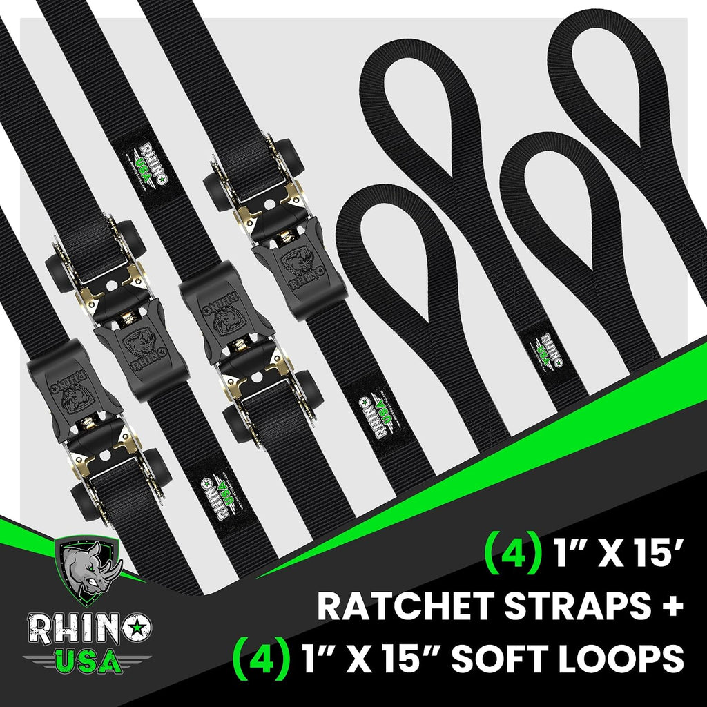 Rhino USA Ratchet Straps Tie Downs (4-Pack) - 1in x 15ft with S Hooks