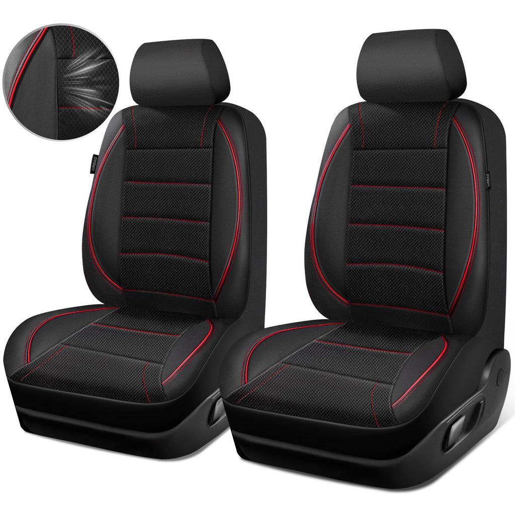 CAR PASS Universal FIT Piping Leather Two Front Seat Covers, Waterproof Faux Leather for SUV Sedan Van Truck, Airbag Compatible,Reserved Opening Holes for Headrest Covers. (Black red)