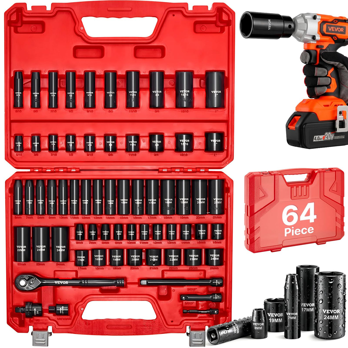 VEVOR 1/2" Drive Impact Socket Set 65 Piece, 3/8" to 1-1/4" and 10-24mm