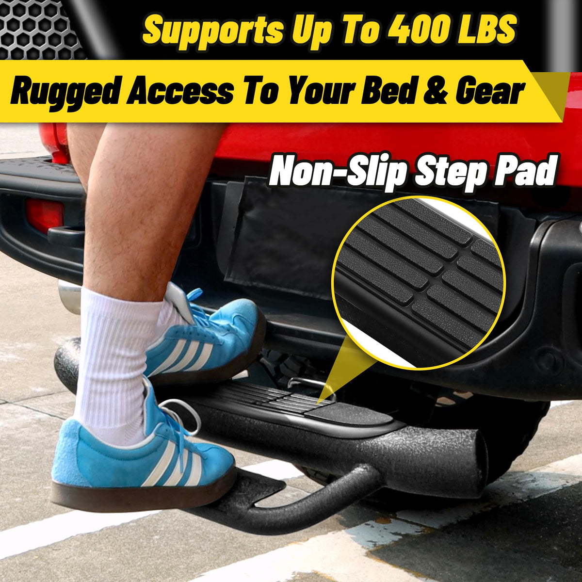 MONOKING Heavy Duty Hitch Step with 28" Wide Bumper Guard, 400 lbs Capacity Truck Step for SUV, Truck, RV, Vehicle - Fits 2" Receiver, Non-Slip Pads, Rust-Resistant Steel