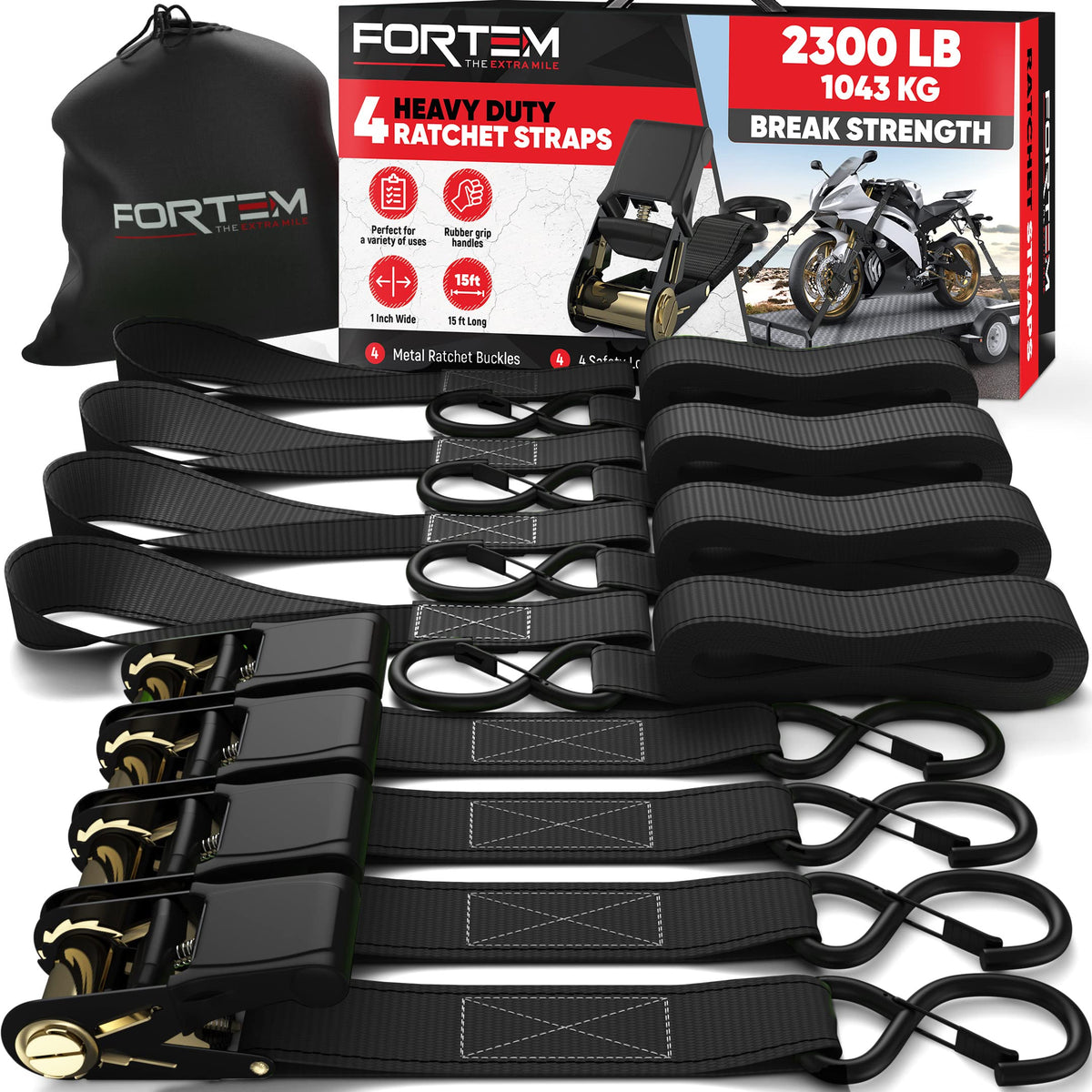 FORTEM Ratchet Straps - Tie Down Strap Set, 4 Pack, 1650lb Break Strength
