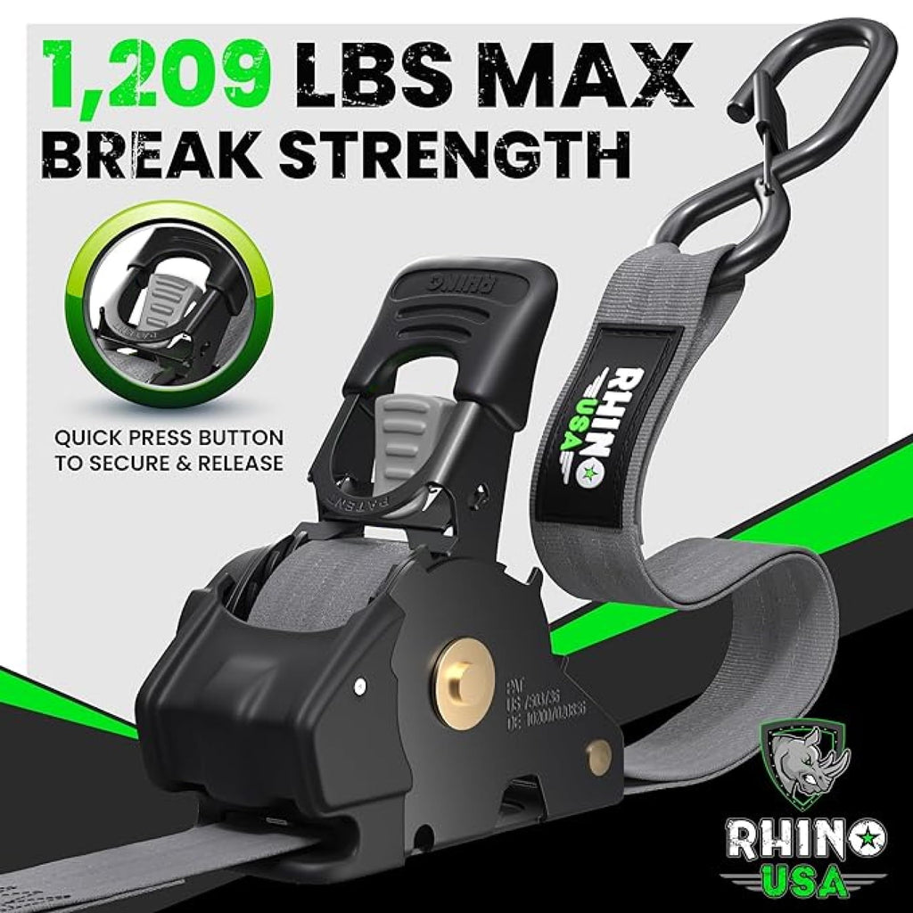 Rhino USA Retractable Ratchet Straps (4-Pack) - 1in x 10ft, Black