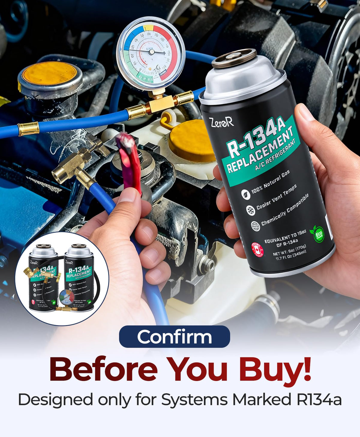 ZeroR AC Refrigerant R134a Replacement - Eco-Friendly, 100% Natural Hydrocarbon Gas - Compatible and Easy to Install with R134a A/C Recharge Systems - 3 Cans (6oz Each)
