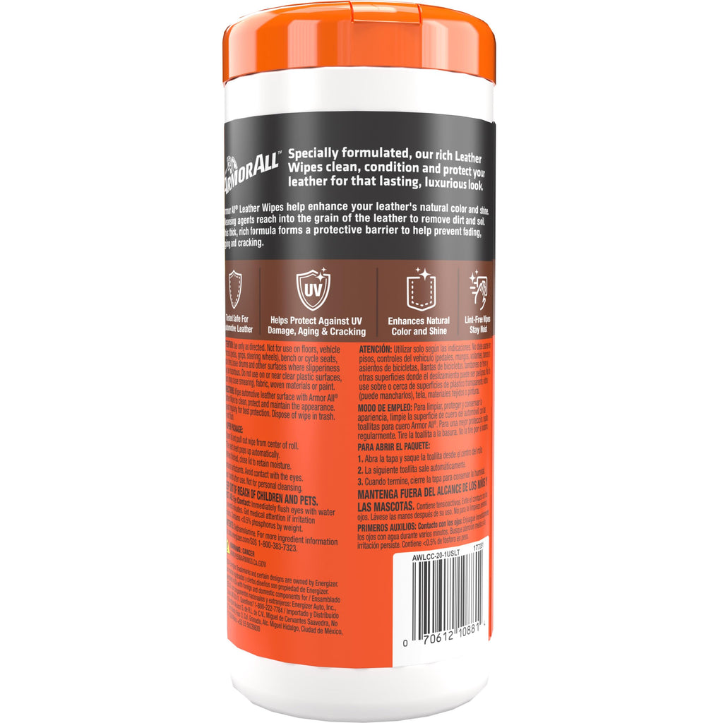 Armor All Car Leather Wipes, Cleans, Conditions, Protects, 20 Count