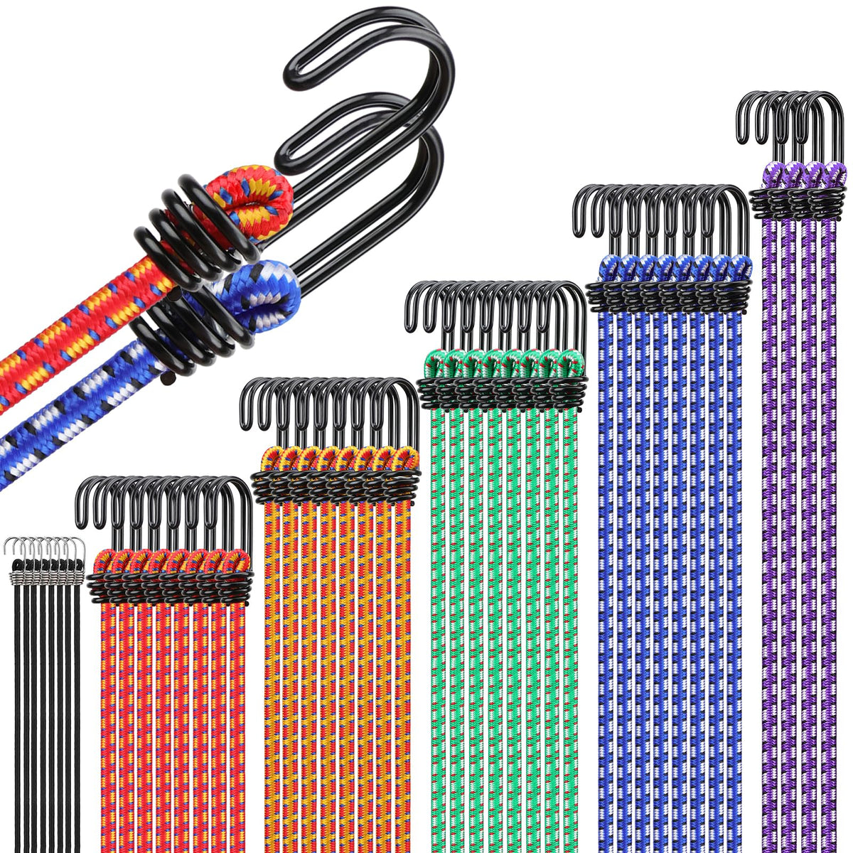 Bungee Cords Heavy Duty Outdoor: 20 Pcs Premium Rubber Bungee Cords with Hooks in a Storage Jar Includes 10", 18", 24", 30", 36", 48" Bungee Cord for Camping, Tent, Fastening Items