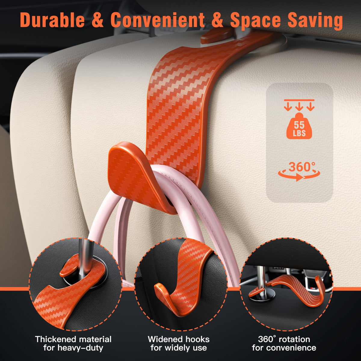 4-Pack Car Headrest Hooks Holds 55lbs Seat Storage Organizer for Bags