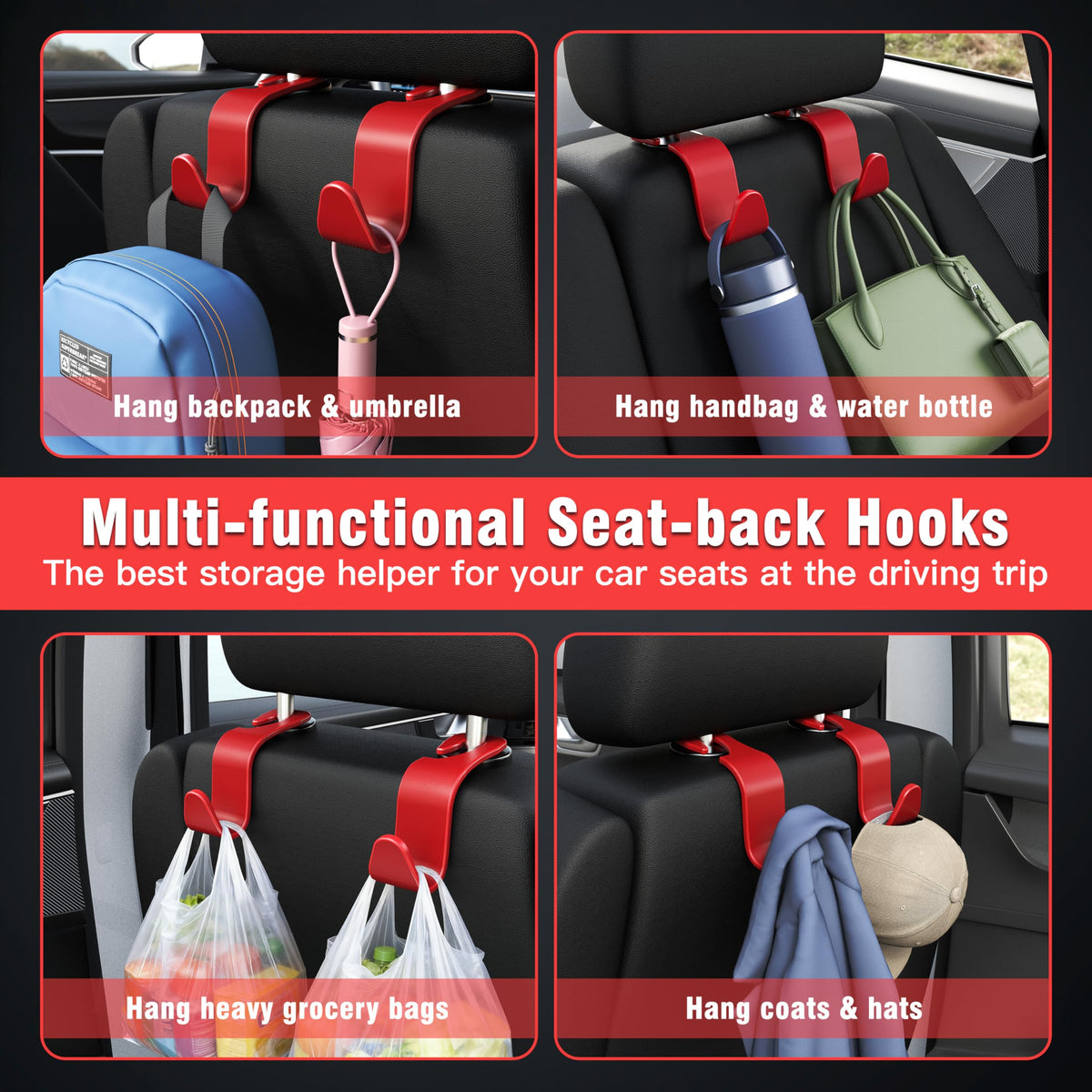 4-Pack Car Headrest Hooks Holds 55lbs Seat Storage Organizer for Bags