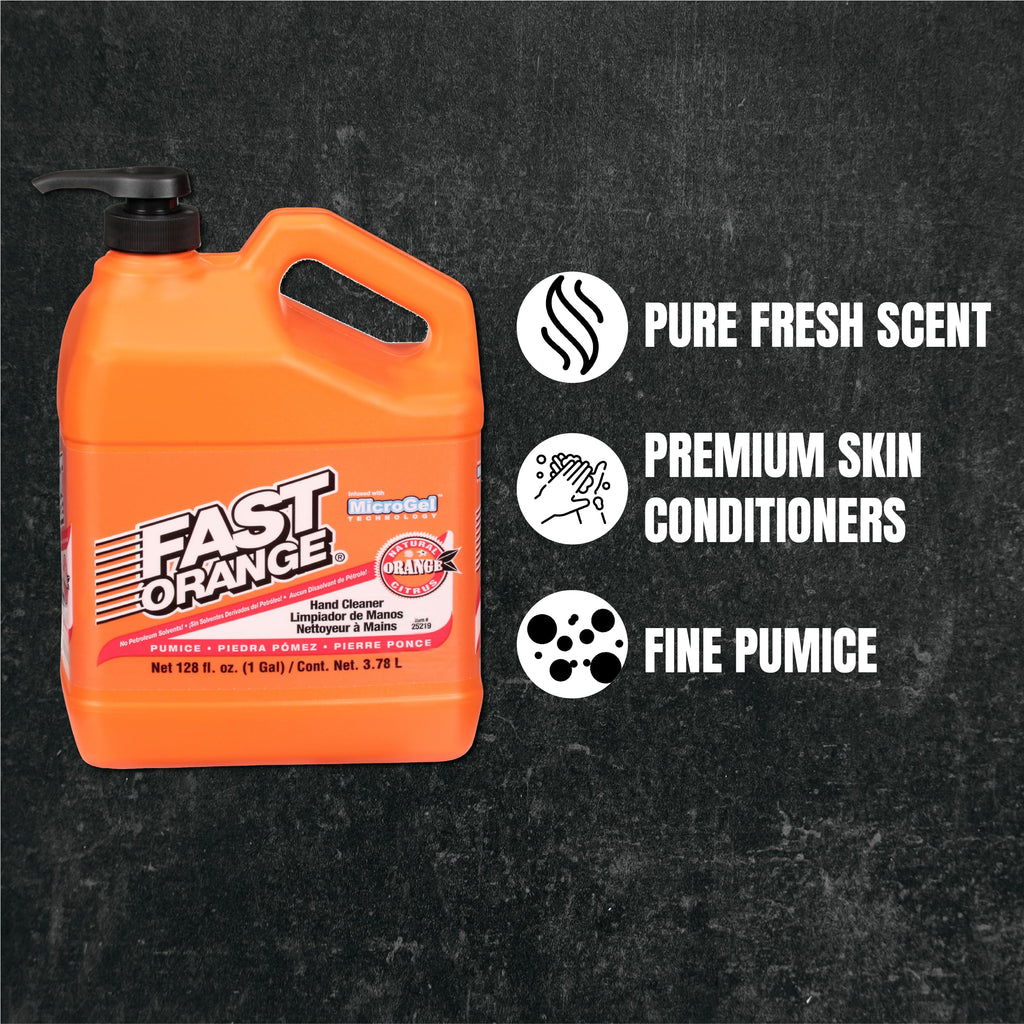 Fast Orange 25219 Pumice Lotion, Heavy Duty Hand Cleaner, Natural Citrus Scent, Waterless Cleaner for Mechanics, Strong Grease Fighter, 1 Gallon