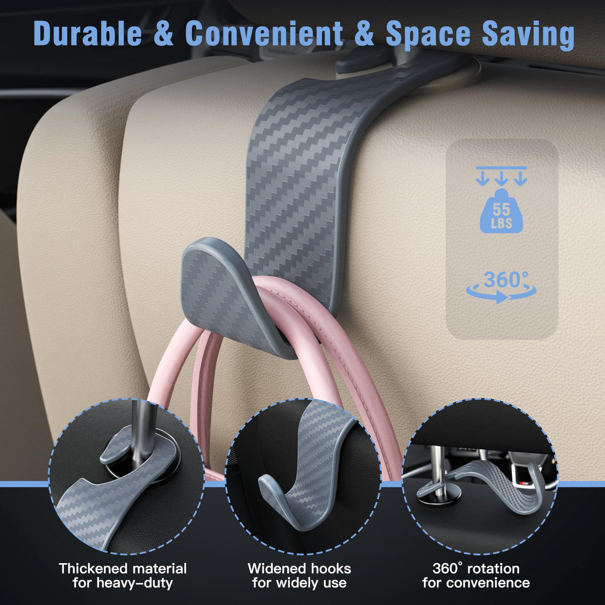 4-Pack Car Headrest Hooks Holds 55lbs Seat Storage Organizer for Bags