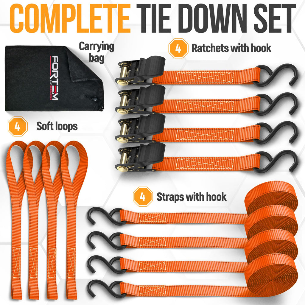 FORTEM Ratchet Straps - Tie Down Strap Set, 4 Pack, 1650lb Break Strength