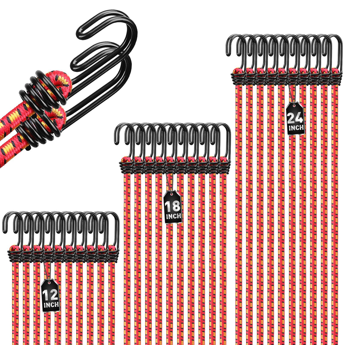 Bungee Cords Heavy Duty Outdoor: 20 Pcs Premium Rubber Bungee Cords with Hooks in a Storage Jar Includes 10", 18", 24", 30", 36", 48" Bungee Cord for Camping, Tent, Fastening Items