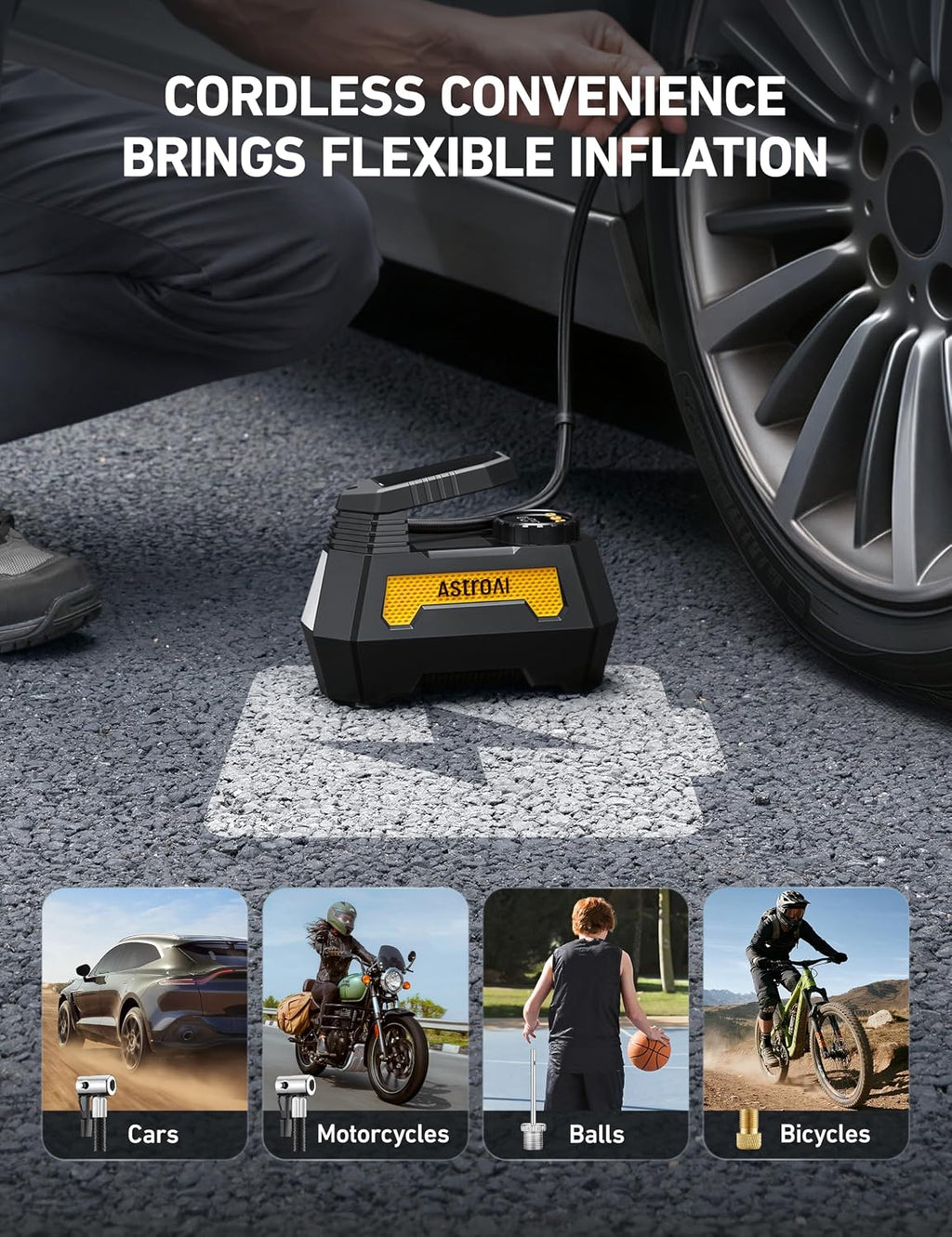 AstroAI H2 Pro Cordless Tire Inflator Portable Air Compressor 12VDC Battery