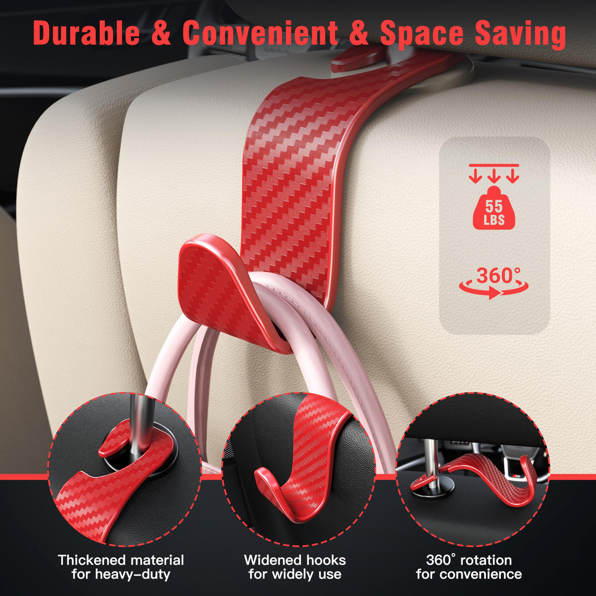 4-Pack Car Headrest Hooks Holds 55lbs Seat Storage Organizer for Bags