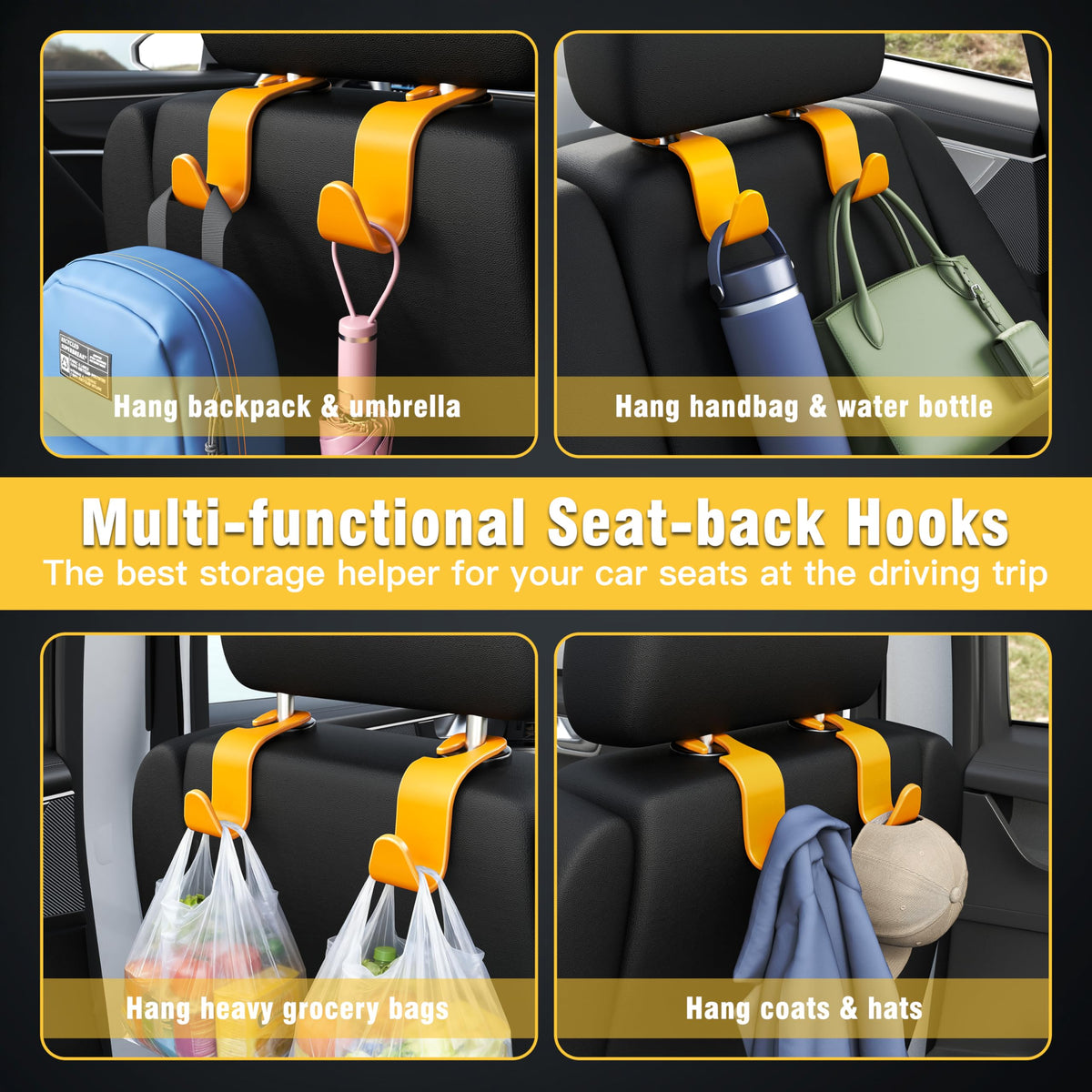 4-Pack Car Headrest Hooks Holds 55lbs Seat Storage Organizer for Bags
