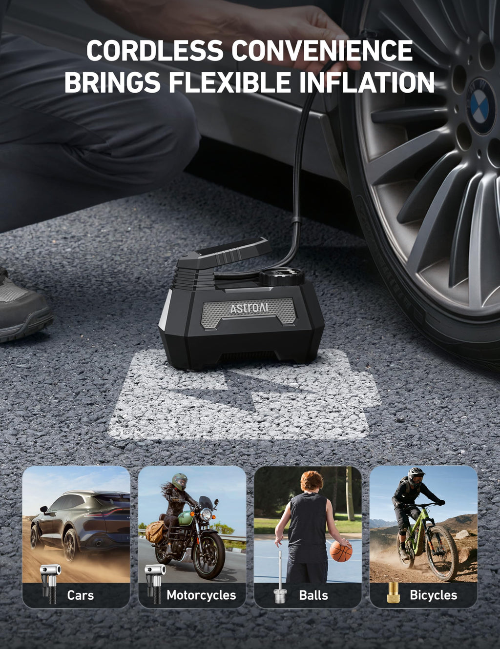 AstroAI H2 Pro Cordless Tire Inflator Portable Air Compressor 12VDC Battery