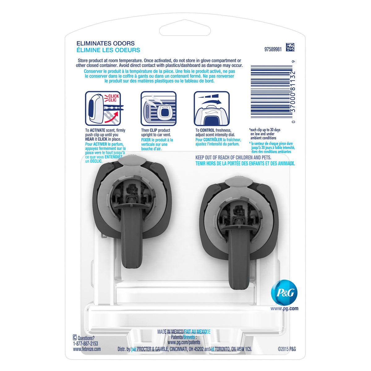 Febreze Car Air Freshener Vent Clip Platinum Ice Scent, .07 oz. Car Vent Clip, Pack of 4
